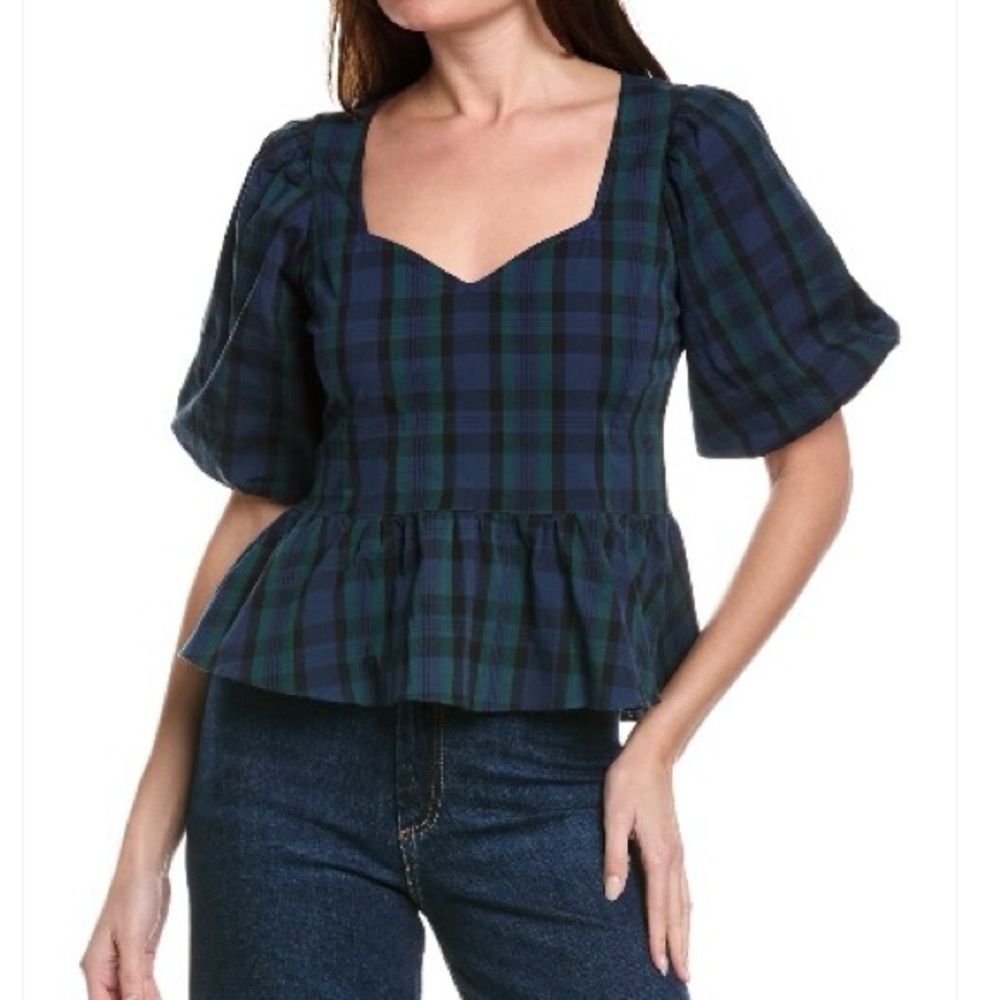 Sail to Sable Navy and Green Checkered Peplum Blouse